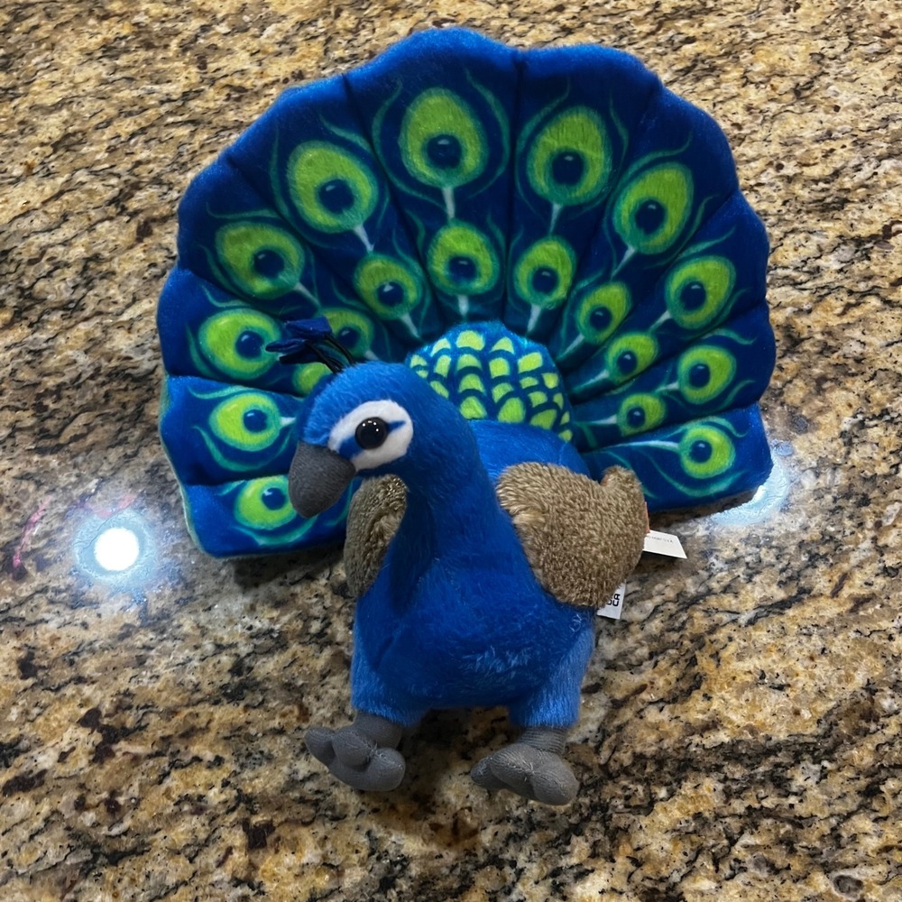 Wild Republic Peacock Plush Stuffed Animal Blue Bird 11 Inch Tail Fan